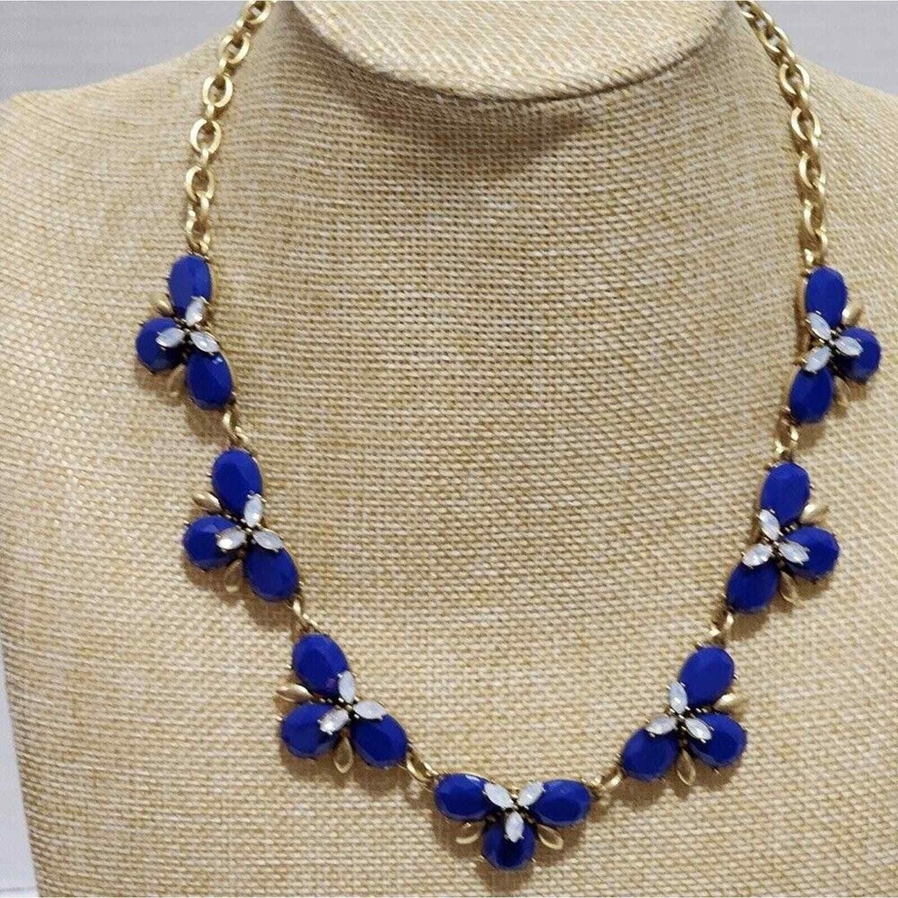 J.‎ Crew Cobalt Blue Floral Cluster Statement Necklace Gold Tone Adjustable Link